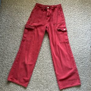 Deep Red Denim Cargo Jeans